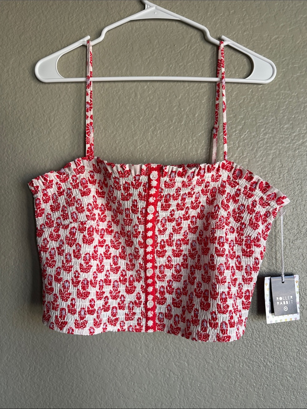 Roller Rabbit Red & White Floral Smocked Button-Front Camisole